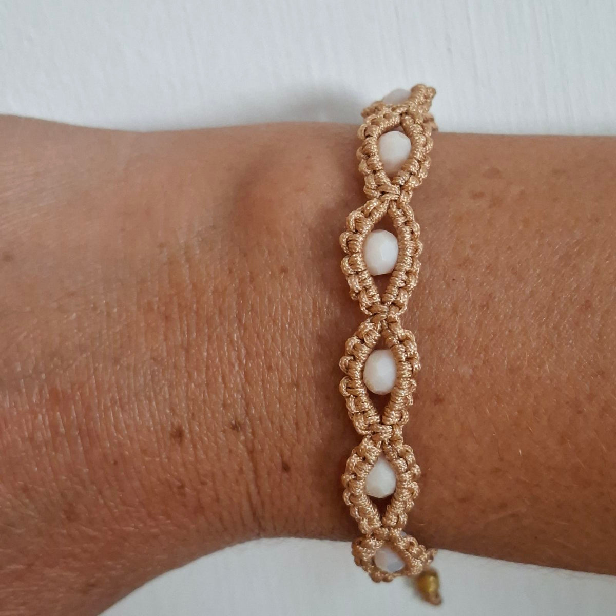 Beige Drops Beaded Macramé Bracelet worn on wrist