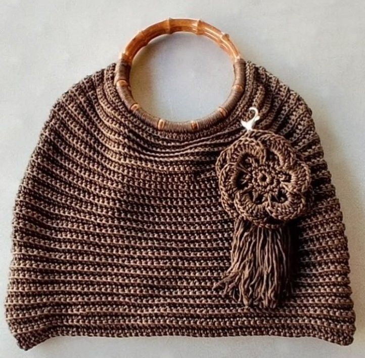 Handmade crochet bag with bamboo round handles and flower detail – earthy tones Georgia Create Cyprus