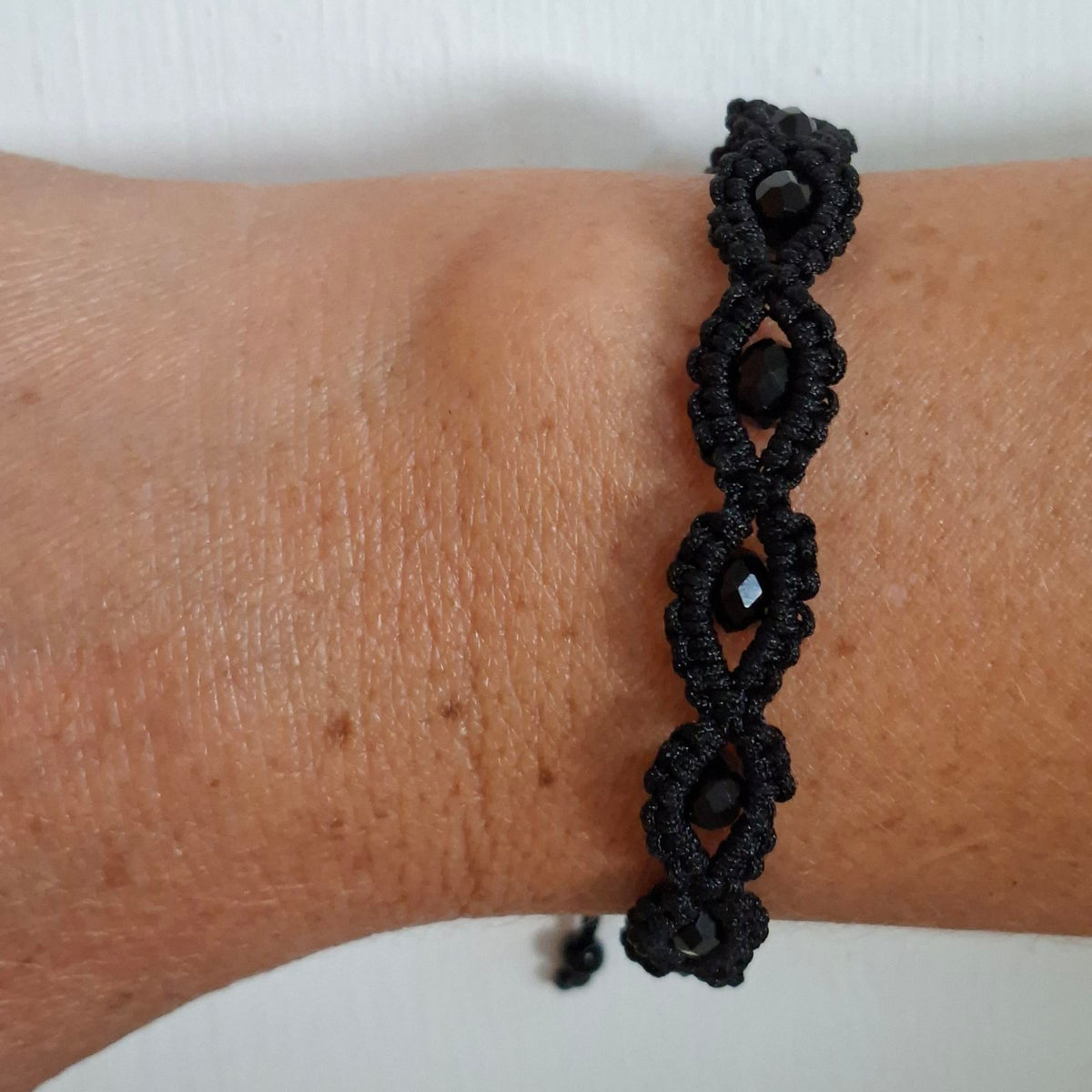 Black Drops Beaded Macramé Bracelet worn on wrist