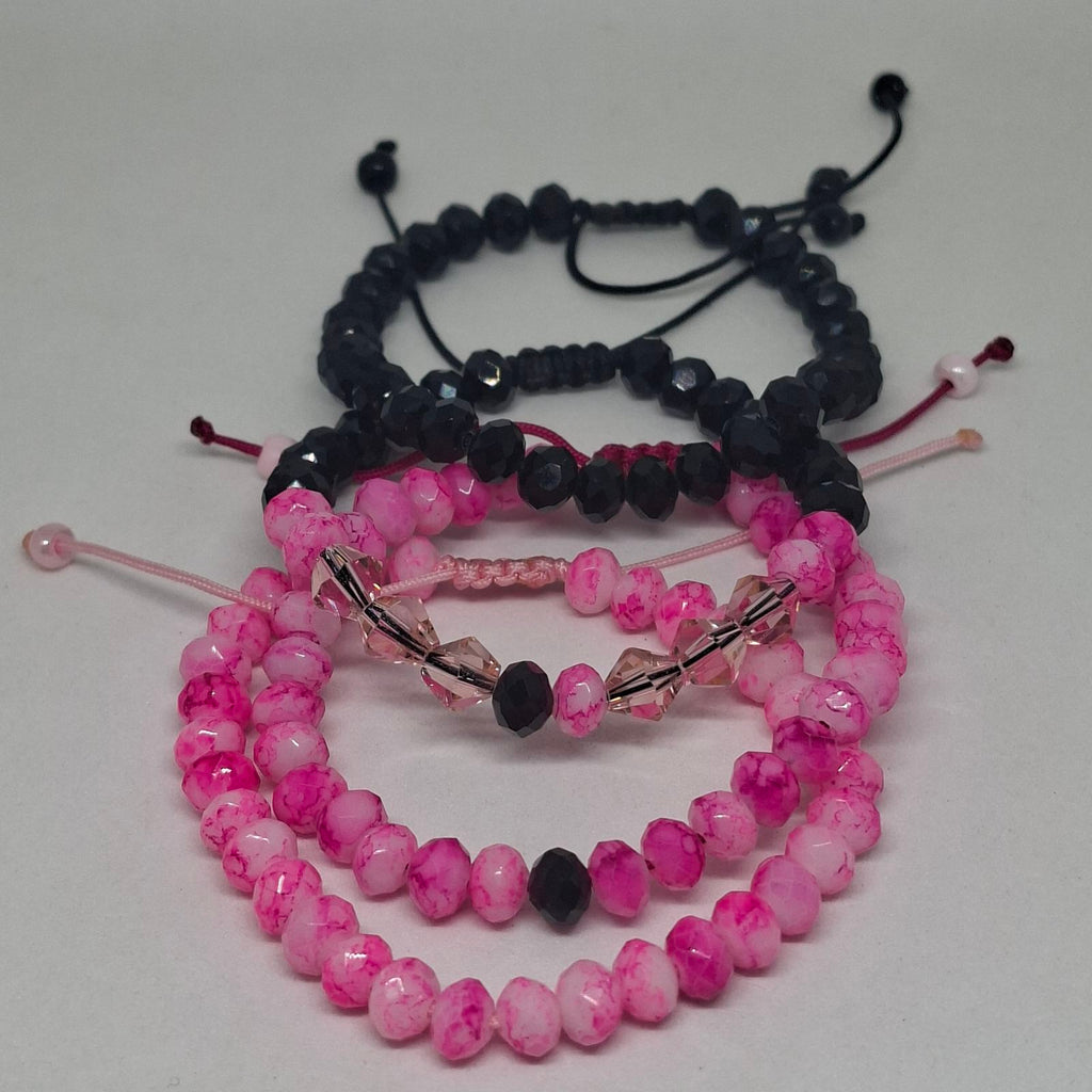 Pink & Black Beaded Bracelet Set of 4