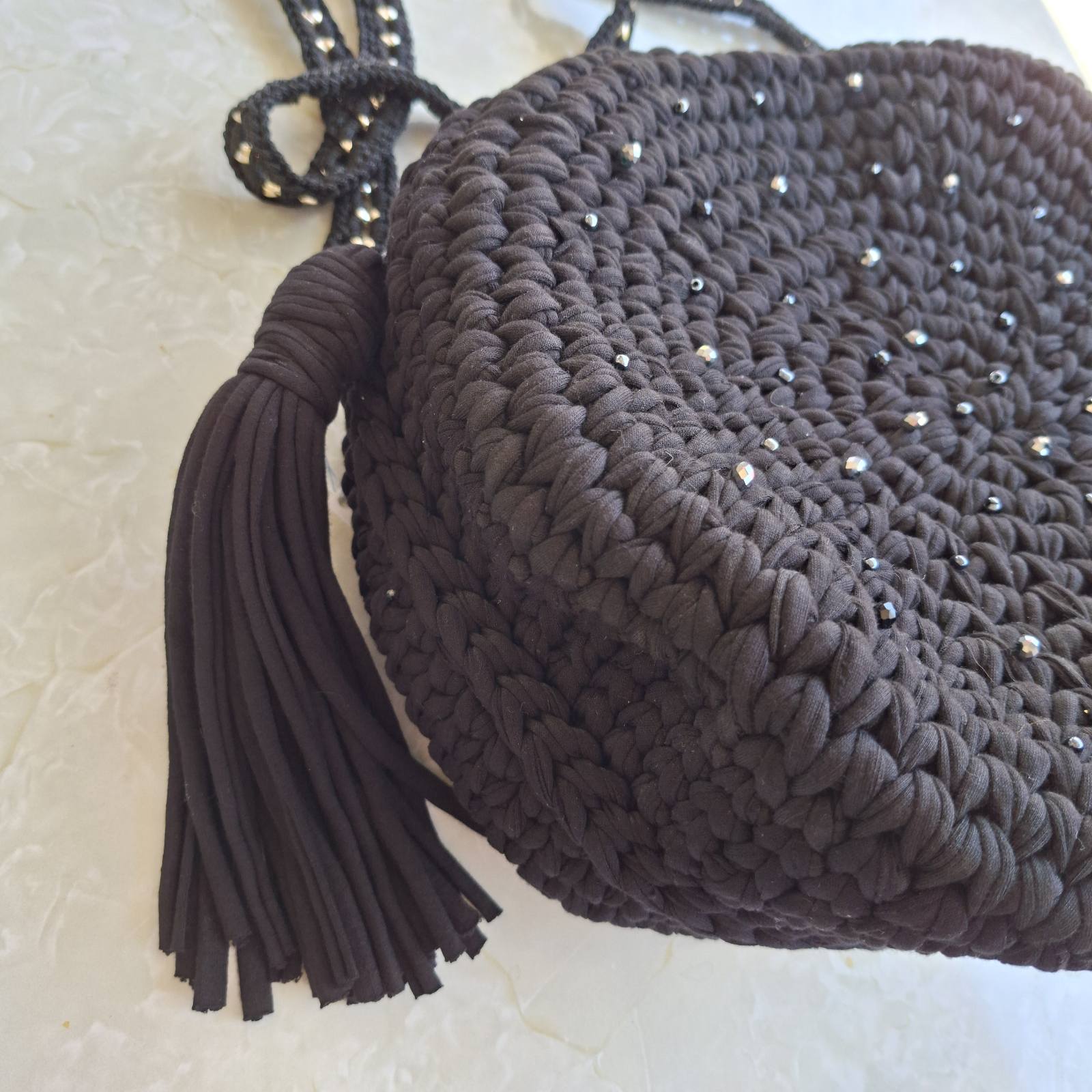 Black Round Crochet Bag with Crystal Beads
