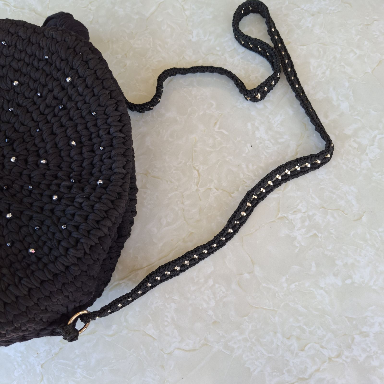 Black Round Crochet Bag with Crystal Beads