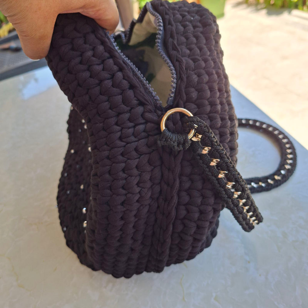 Black Round Crochet Bag with Crystal Beads