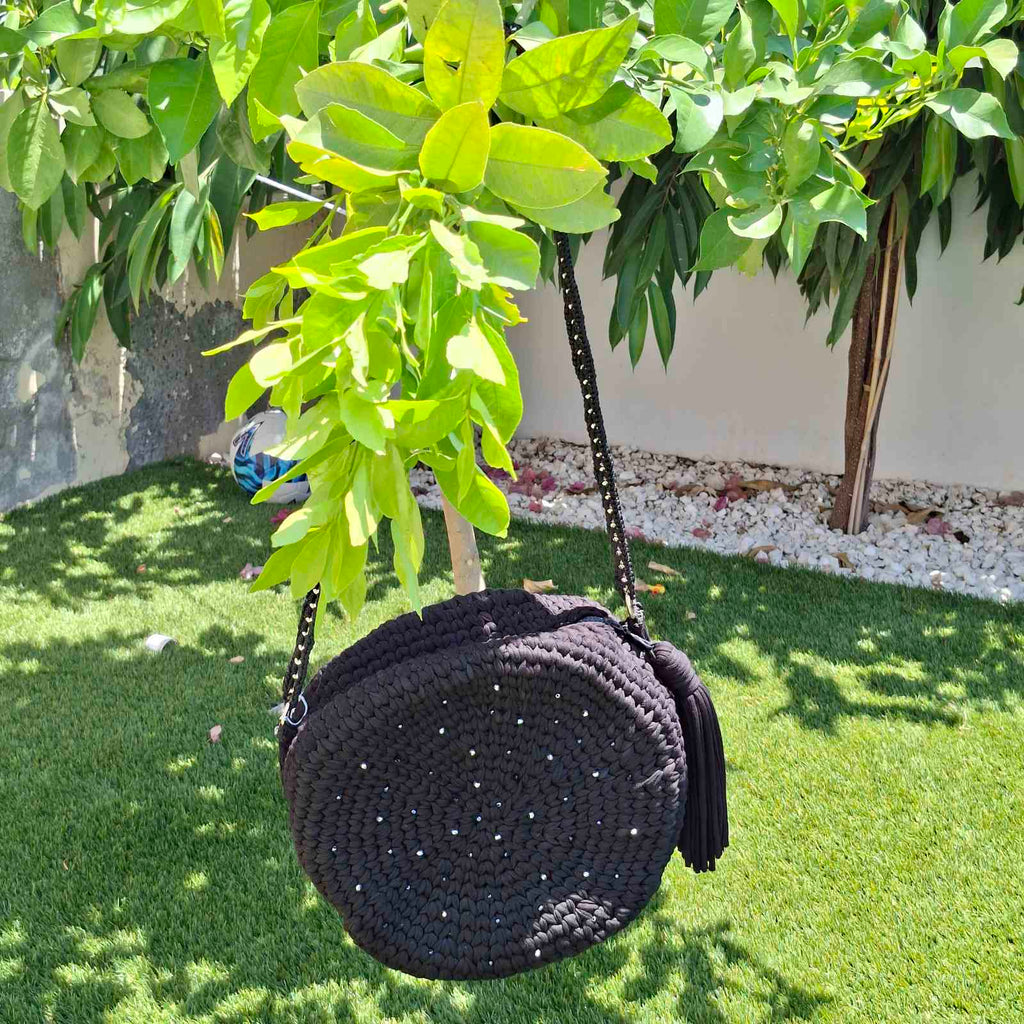 Black Round Crochet Bag with Crystal Beads