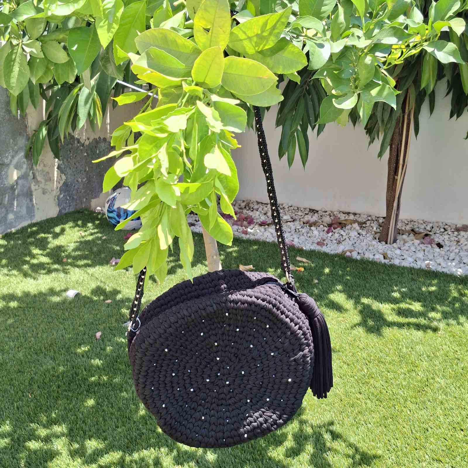 Black Round Crochet Bag with Crystal Beads