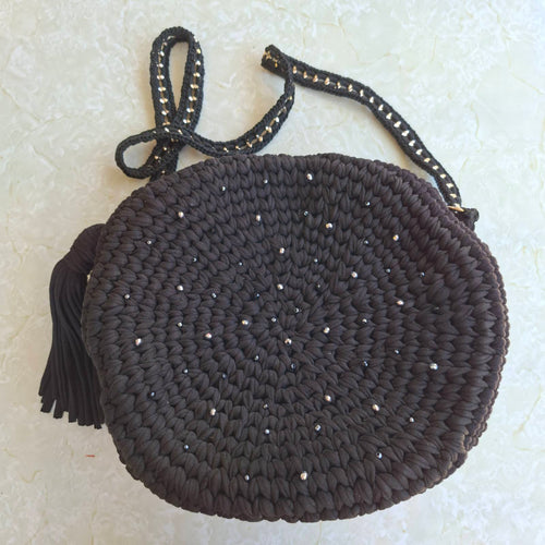 Handmade black round crochet bag with crystal beads – statement artisan bag Georgia Create Cyprus