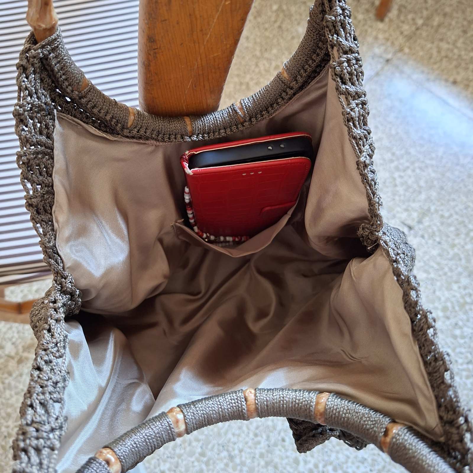 Interior fabric lining of handmade crochet bag