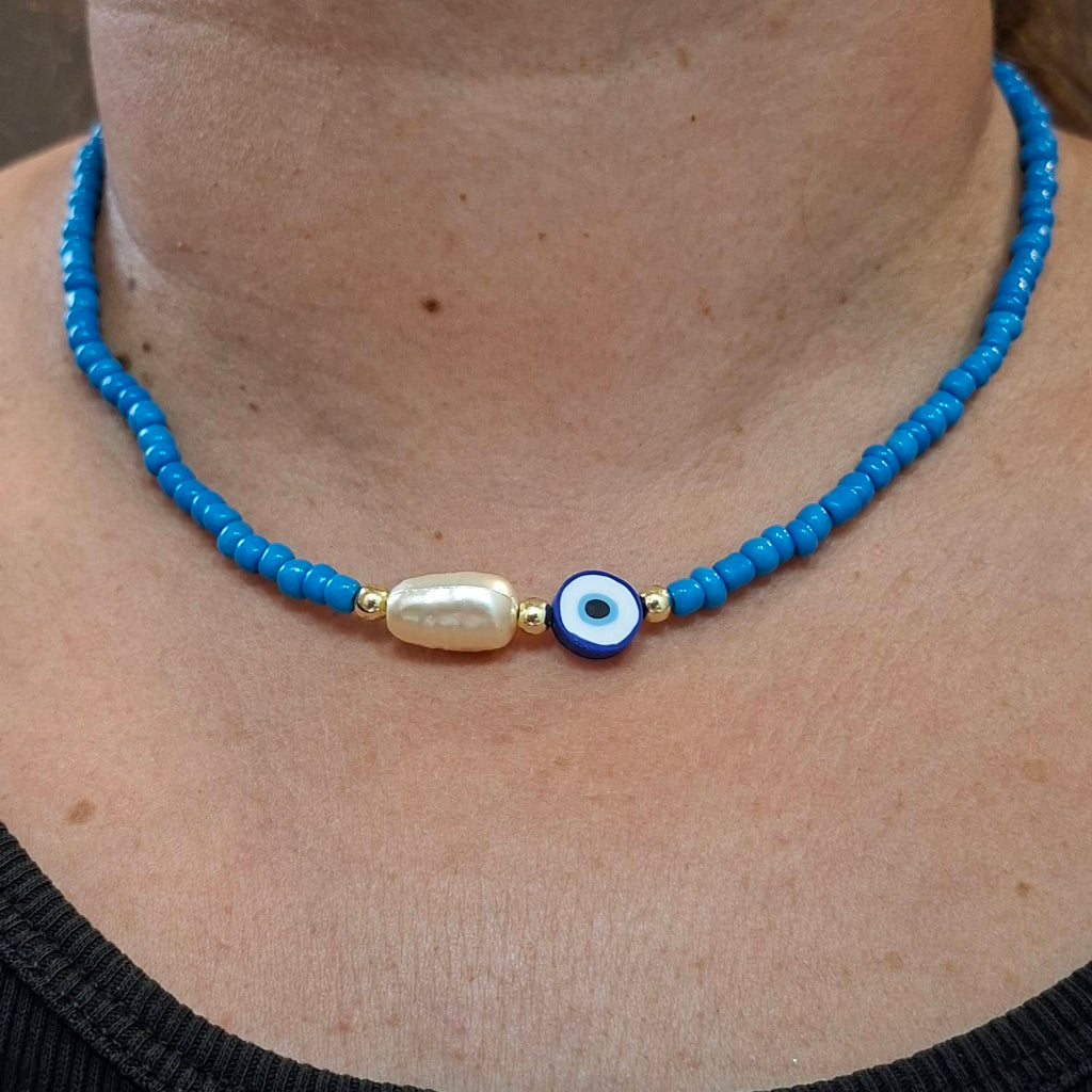 Evil Eye & Pearl Beaded Set – Necklace & Bracelet