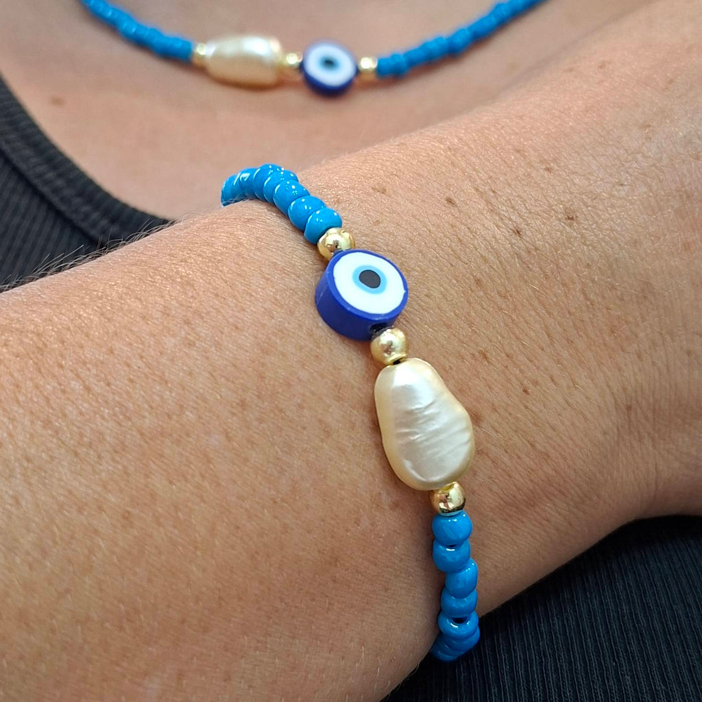 Evil Eye & Pearl Beaded Set – Necklace & Bracelet