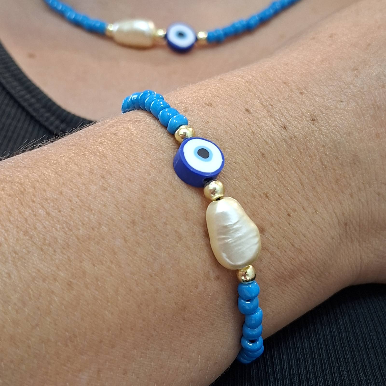 Evil Eye & Pearl Beaded Set – Necklace & Bracelet