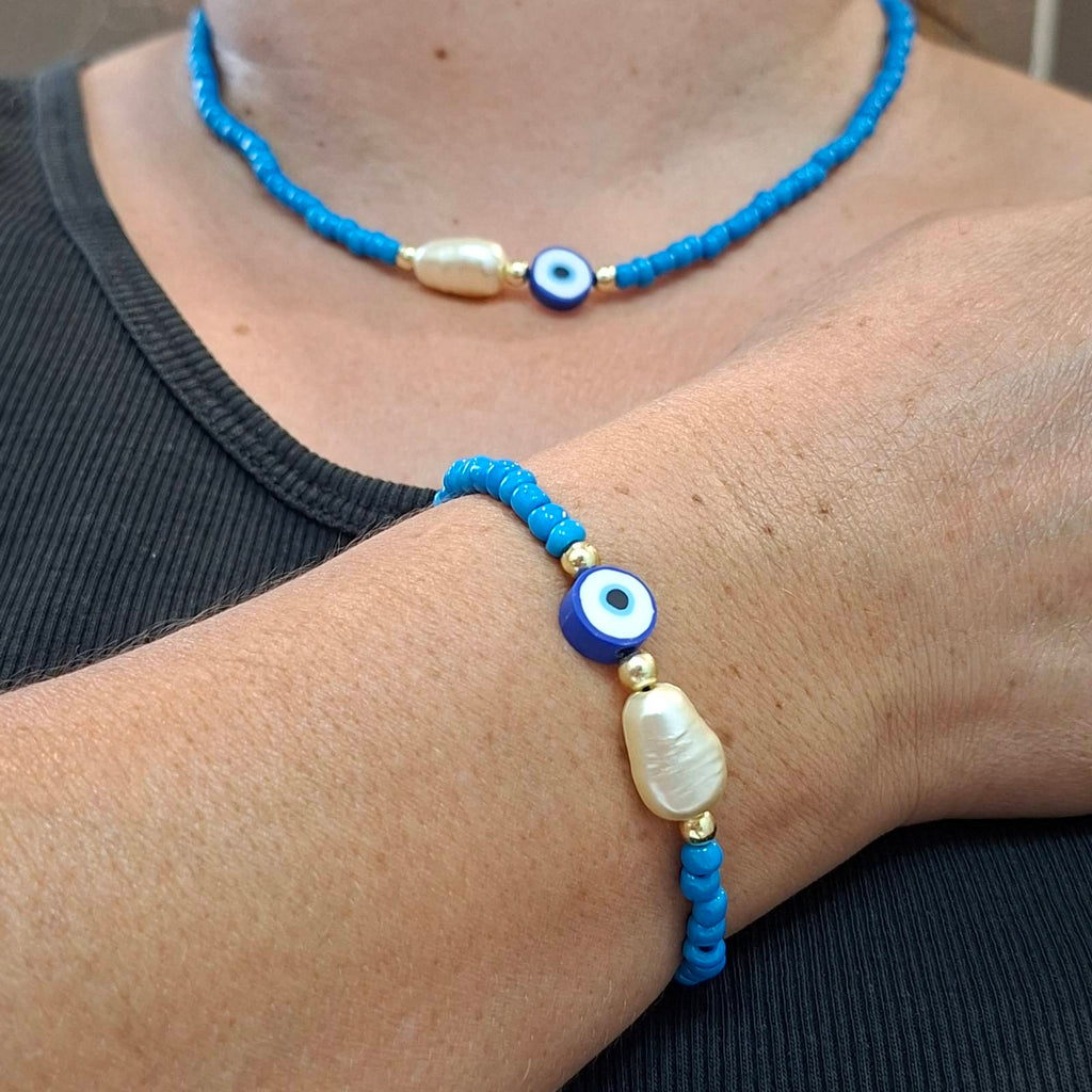 Evil Eye & Pearl Beaded Set – Necklace & Bracelet
