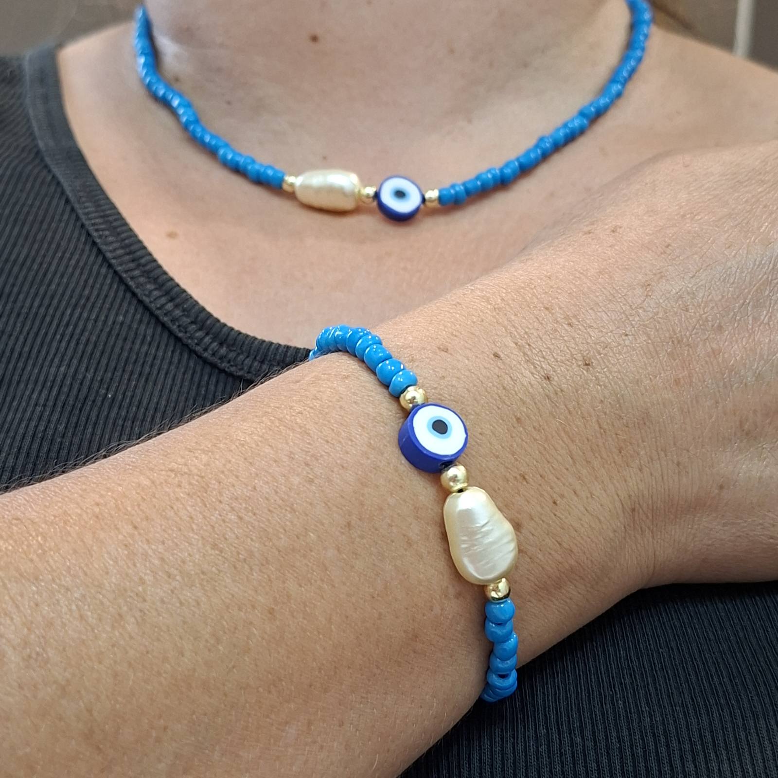 Evil Eye & Pearl Beaded Set – Necklace & Bracelet