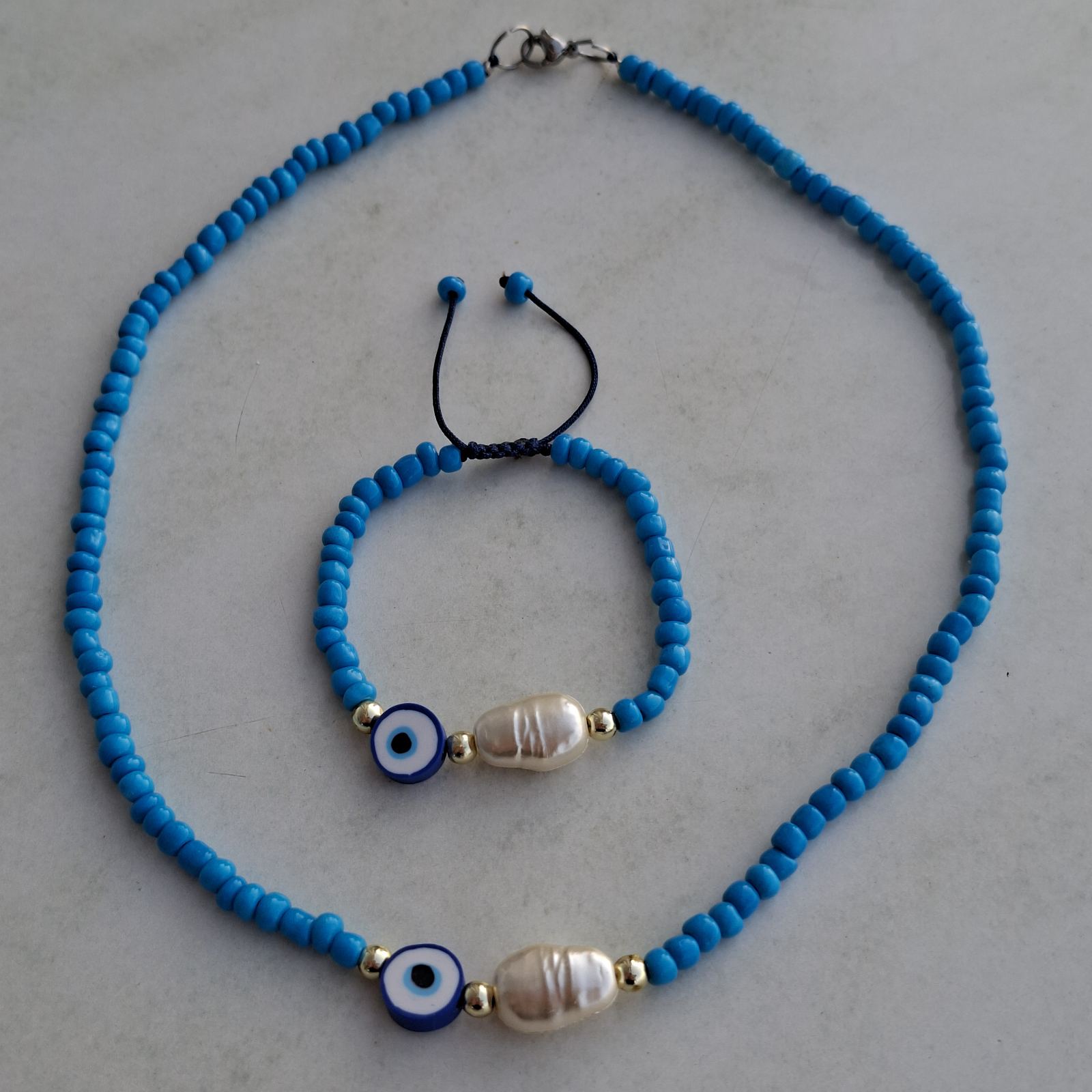 Evil Eye & Pearl Beaded Set – Necklace & Bracelet