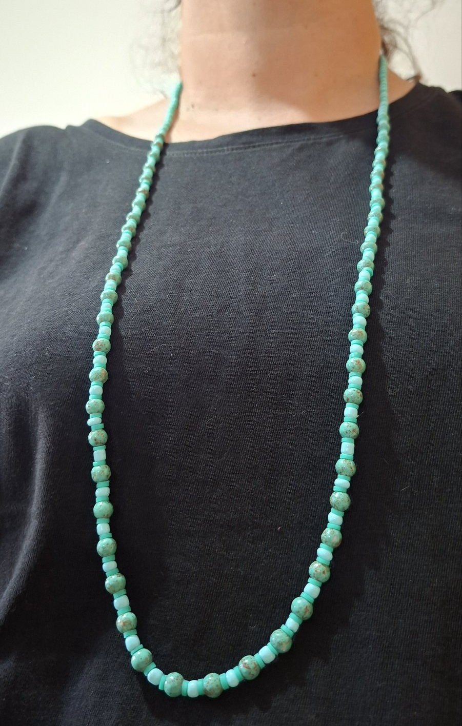 Turquoise Beaded Necklace — Long Statement Piece