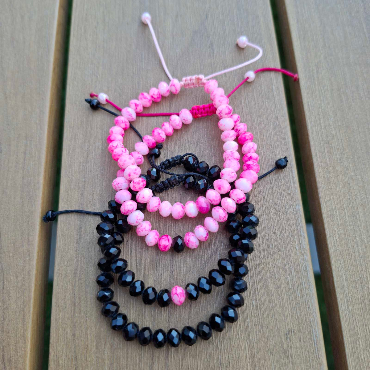 Pink & Black Beaded Bracelet Set of 4