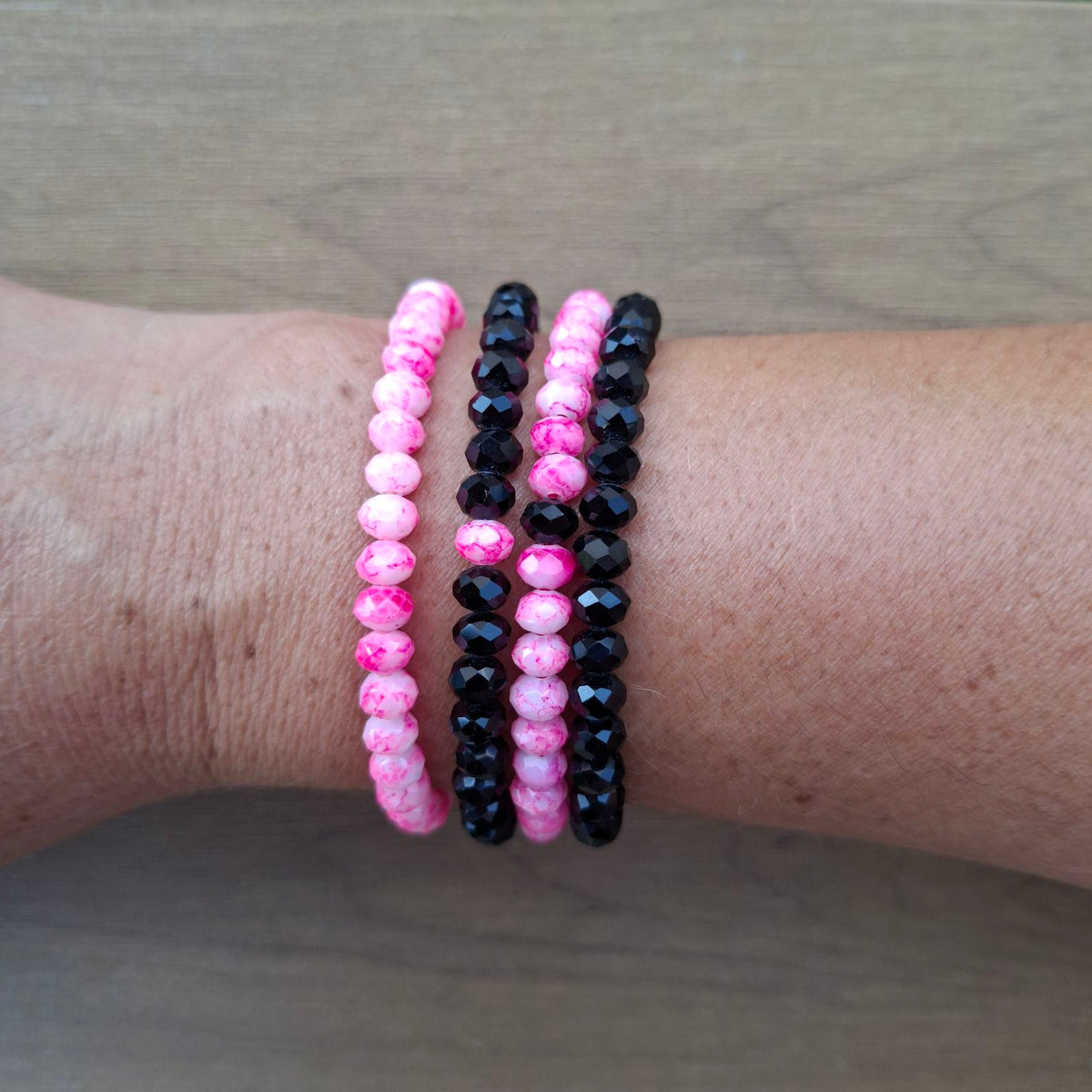 Pink & Black Beaded Bracelet Set of 4