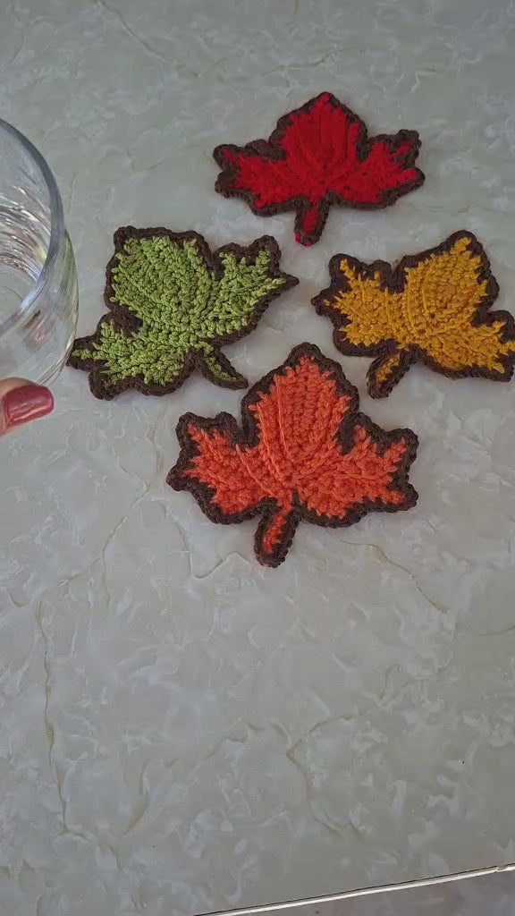 Handmade Crochet Autumn Leaf Coasters – Set of 4