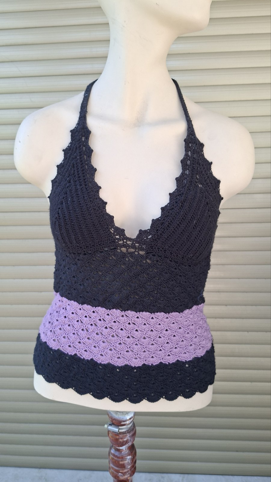 Handmade crochet swimsuit top in purple and black elastic yarn – artisan beachwear by Georgia Create