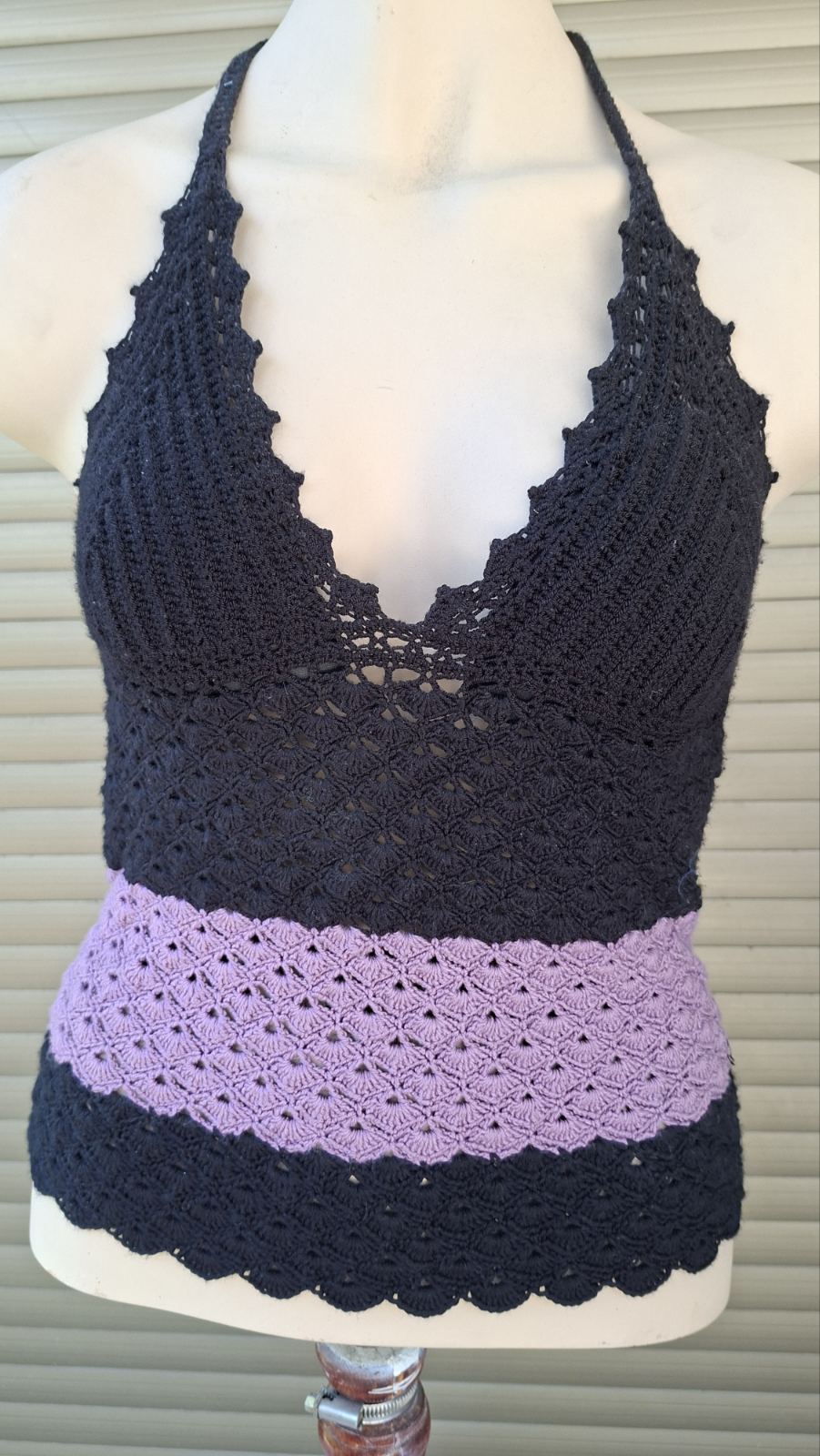 Front view of handmade crochet swimsuit top – unique artisan beachwear Cyprus