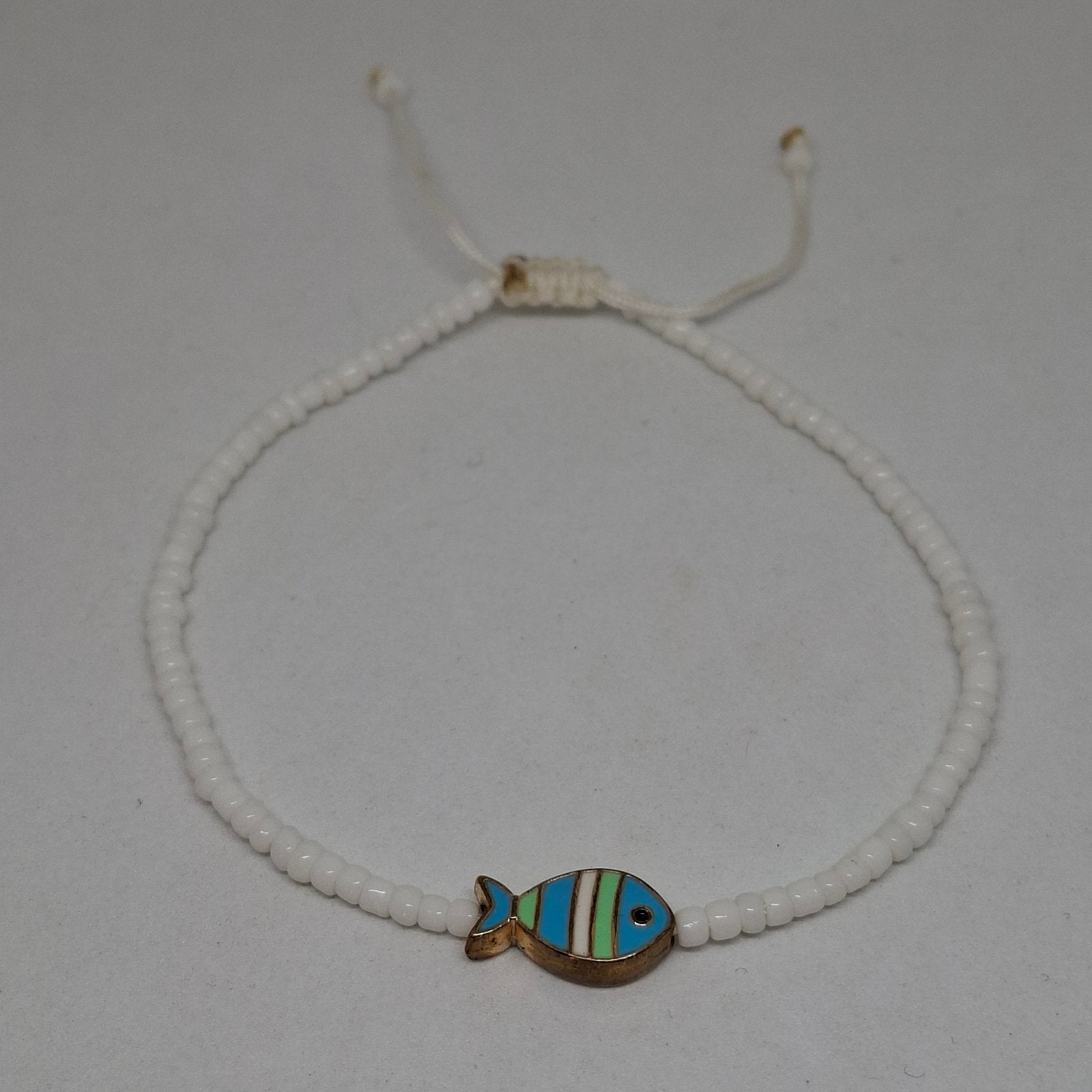 Handmade fish charm beaded anklet in white